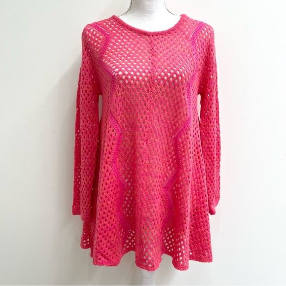 Umgee orange hot pink crochet open knit long sleeve tunic sweater size small - Picture 1 of 9